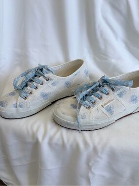 Superga x Love Shack Fancy White Canvas Sneakers with Blue Floral Ribbon Laces